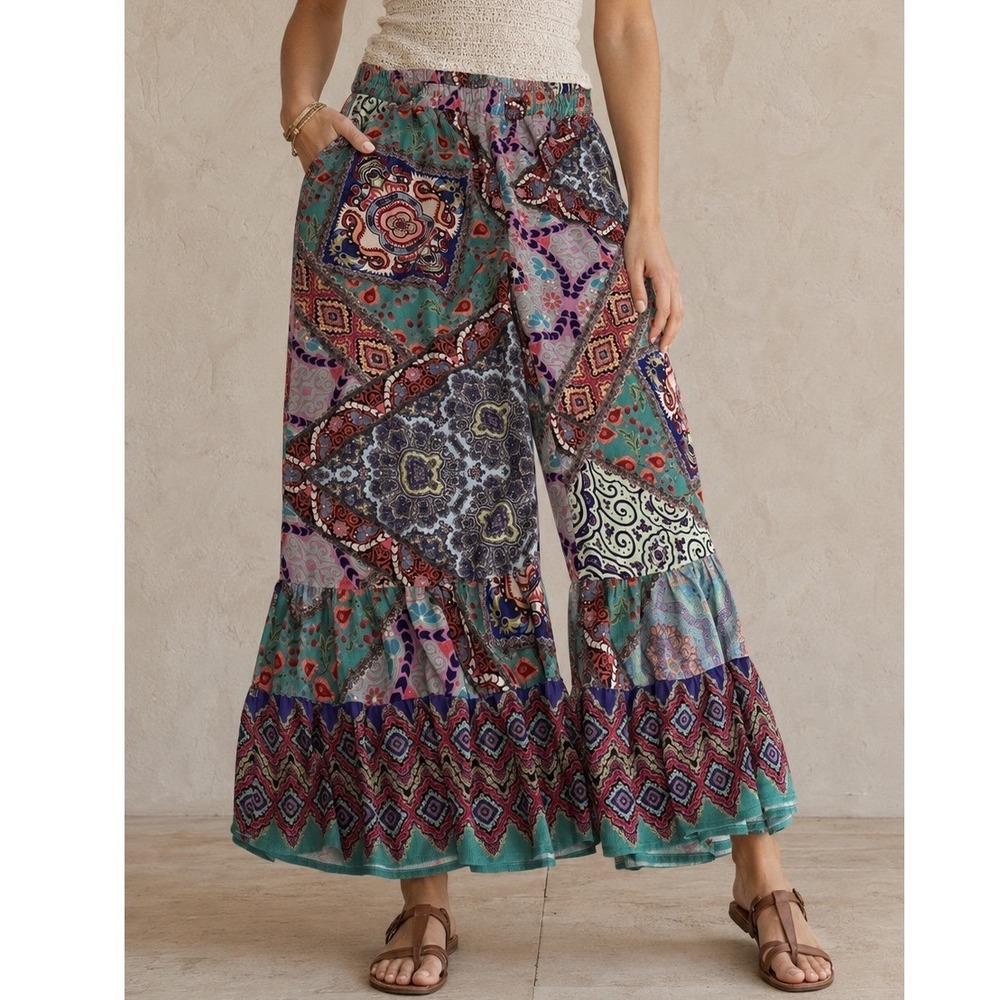 Umgee Boho Patchwork Wide Leg Ruffle Pants Multi Paisley Palazzo 1XL WA0082 ww